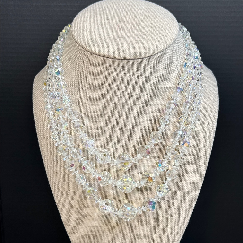 Vintage Triple Strand Crystal AB Necklace